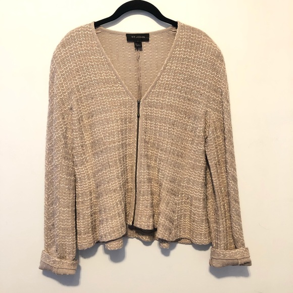 St. John Knit Zip-Front Cardigan Jacket Cream Gold